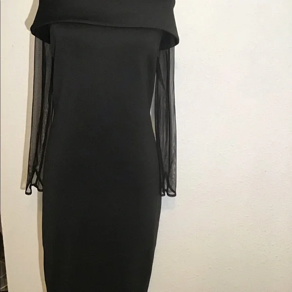 Calvin Klein black off shoulder fold over sheer sleeve sheath dress - Picture 7 of 8